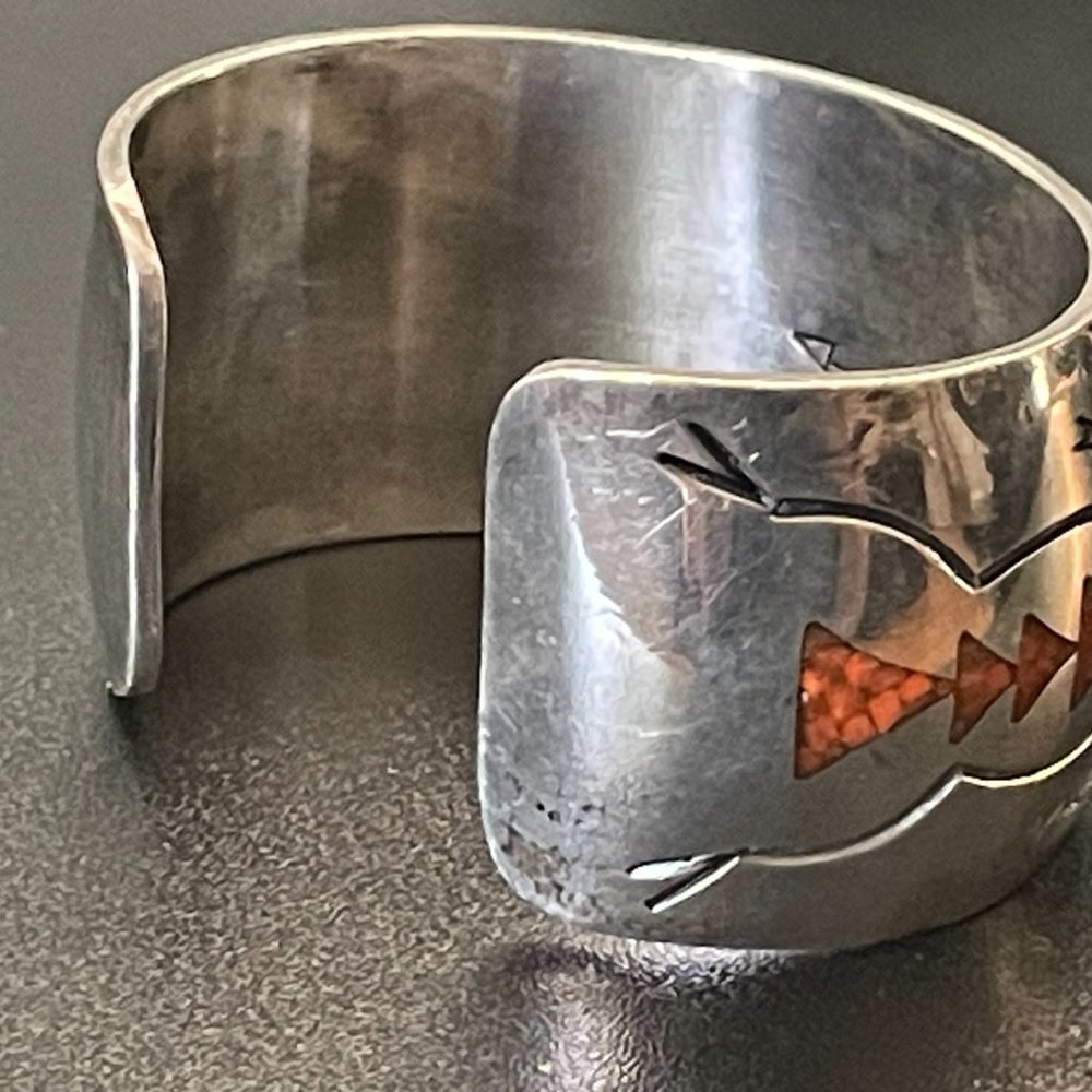 Vintage Silver Turquoise & Coral Inlay Cuff by Alfred Joe Navajo Tribe - Picture 8 of 16